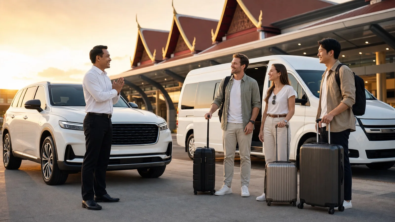 International travelers meeting a private taxi driver at Bangkok airport